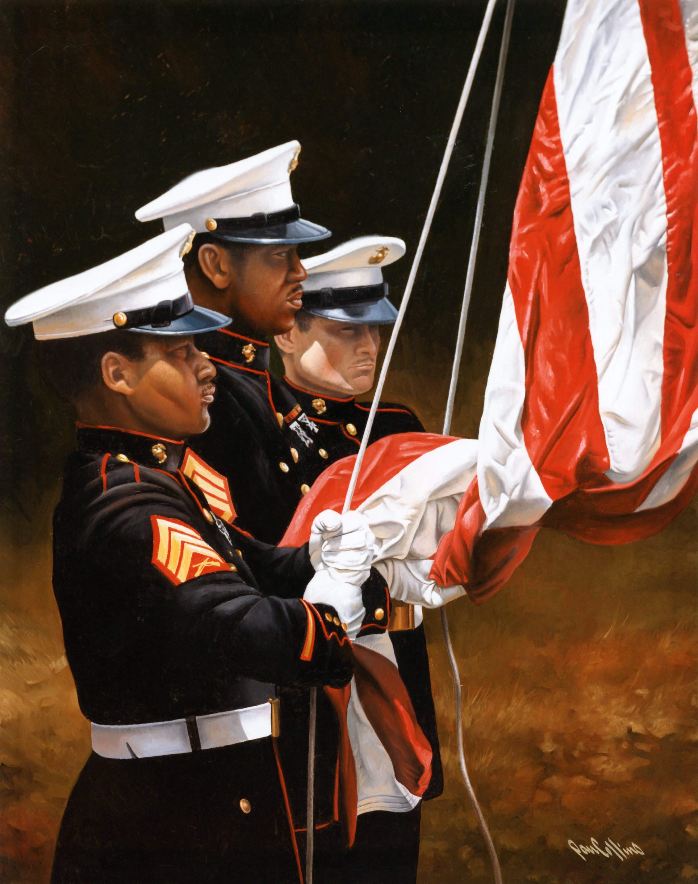 Collins painting of colorguard raising the flag