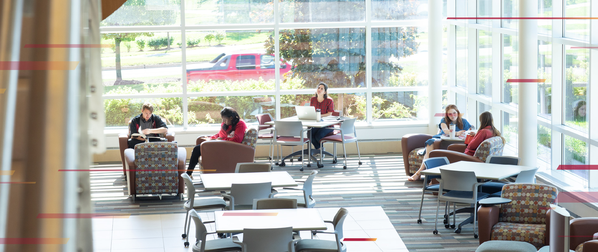 Students working in a lounge at Ferris State University