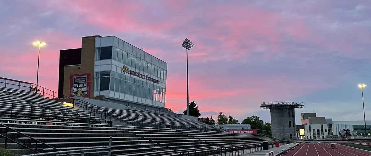 sunset over Ferris State's football stadium