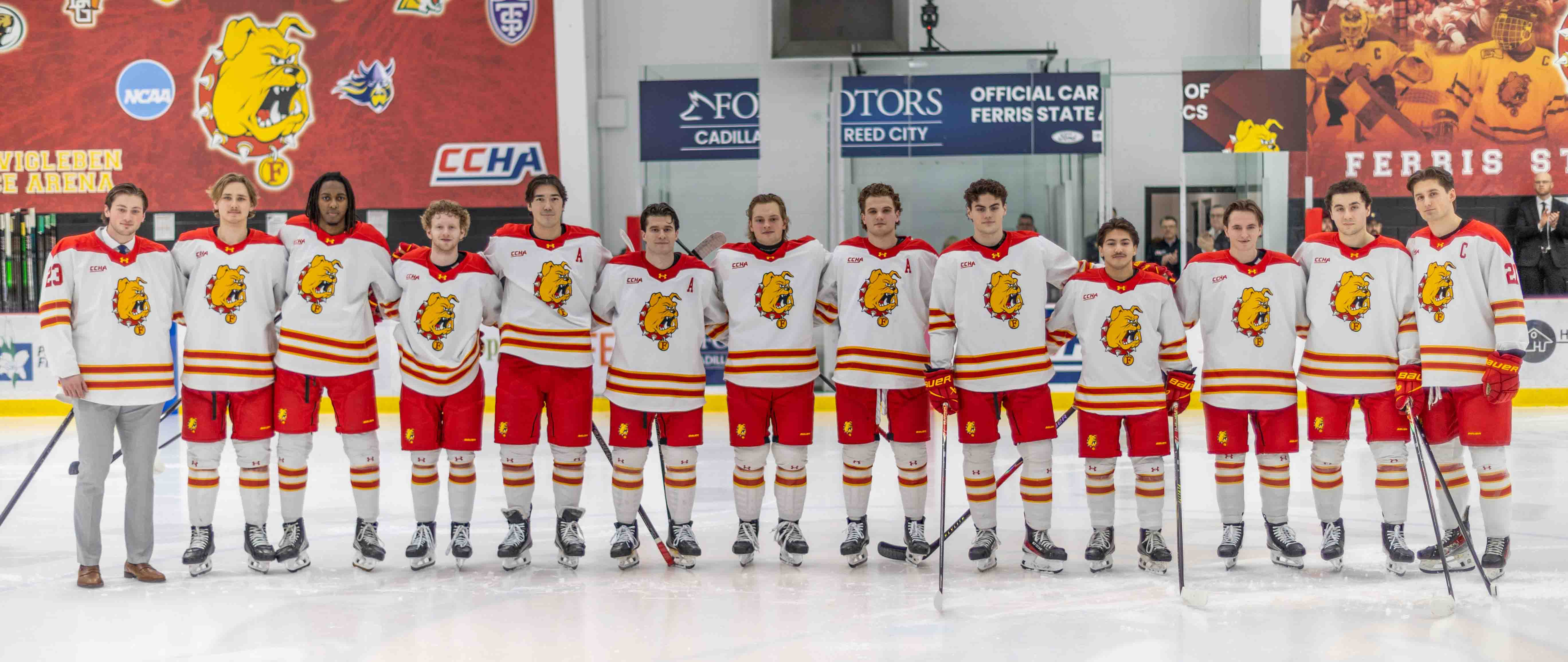 Ferris State hockey players on senior night 2026.