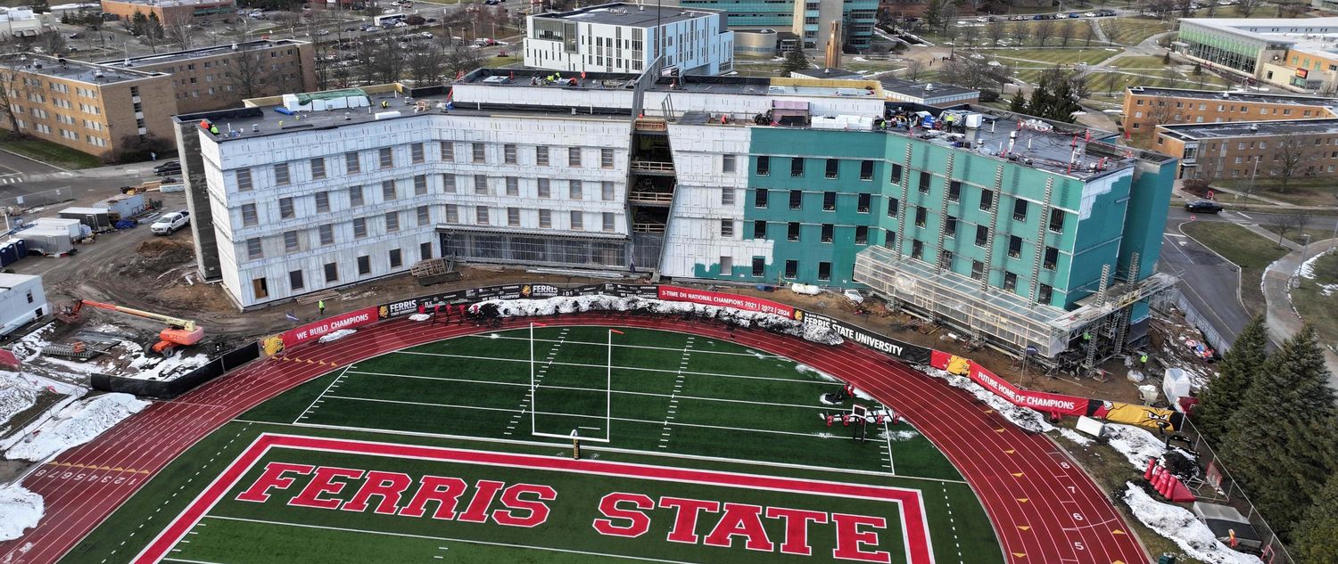A drone shot of the ongoing construction to build the new residence hall