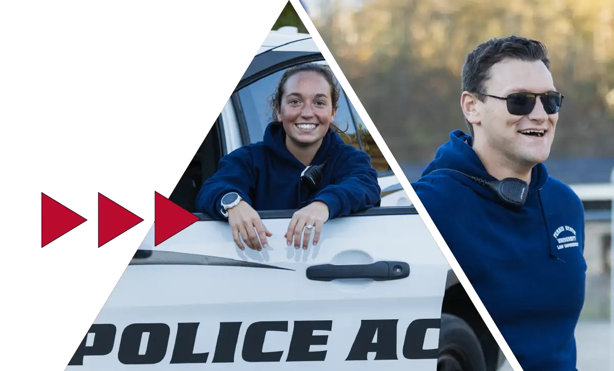 criminal justice students in two side-by-side triangle shaped images