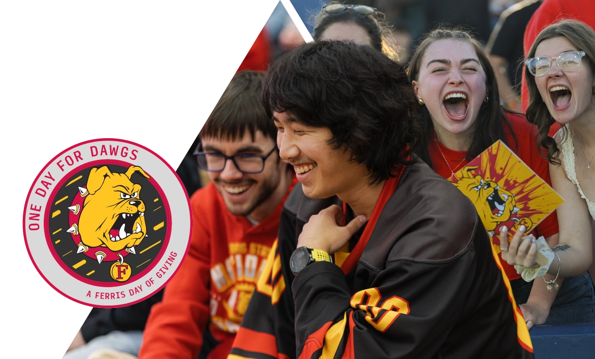 Ferris State students celebrating with a logo of the bulldog that says "One Day for Dawgs. Ferris Day of Giving."
