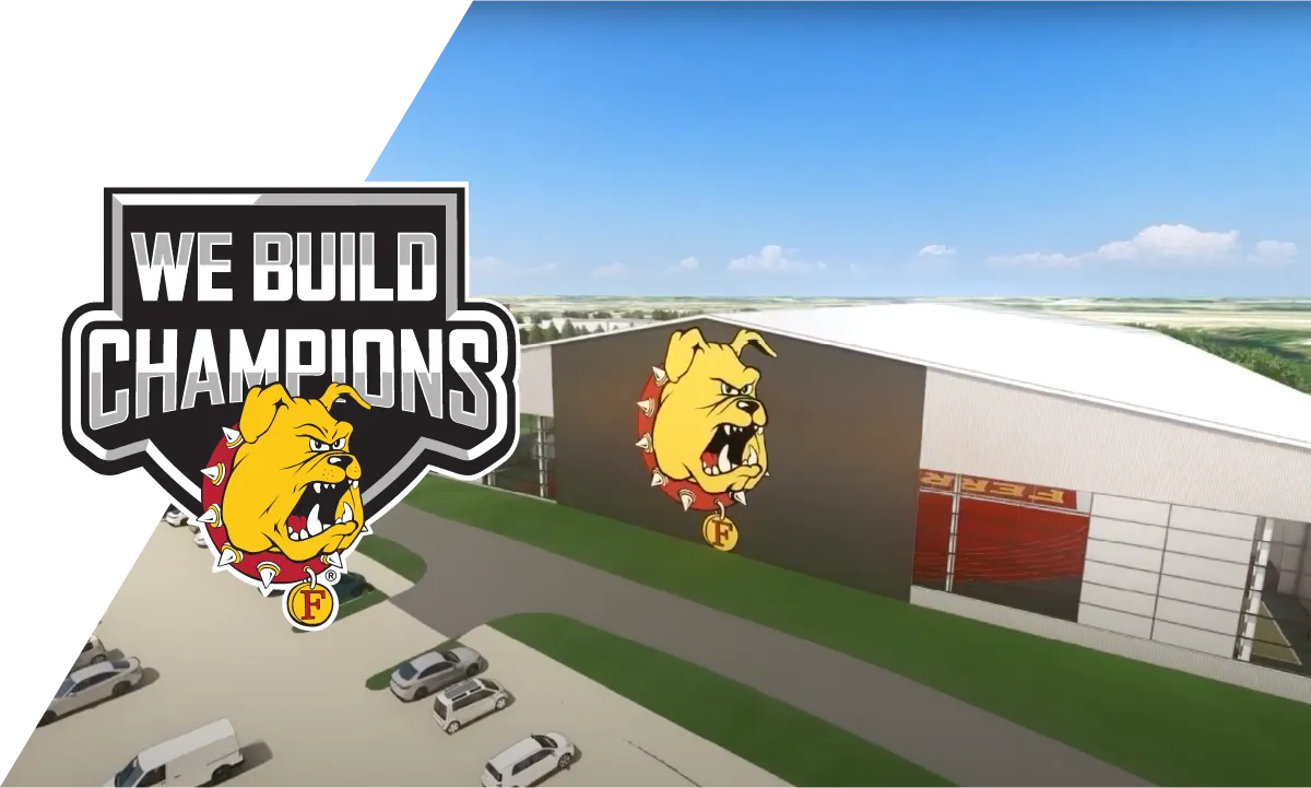 We Build Champions logo and campus aerial view