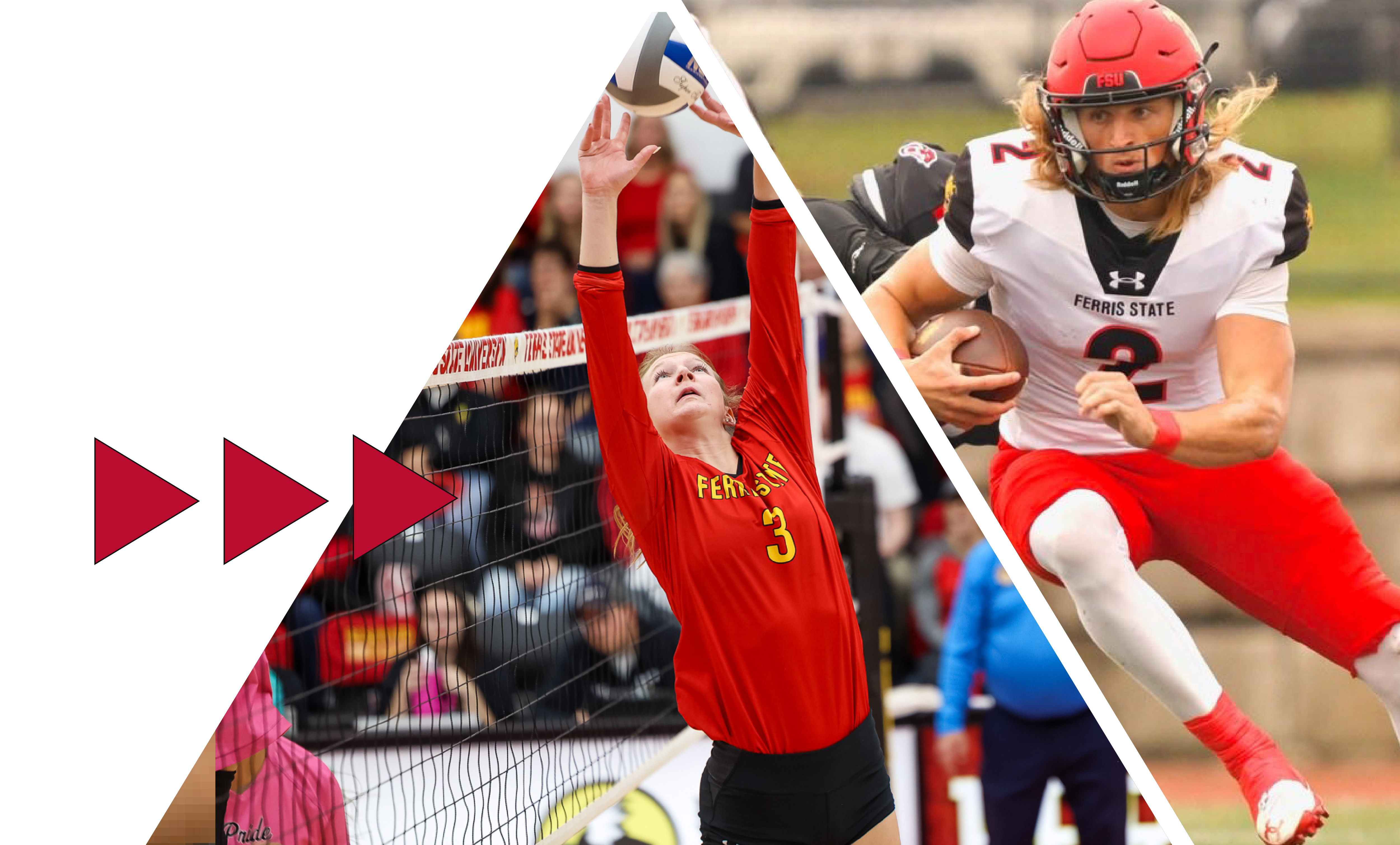 a triangle image of a volleyball player setting a ball and a triangle image of a football player