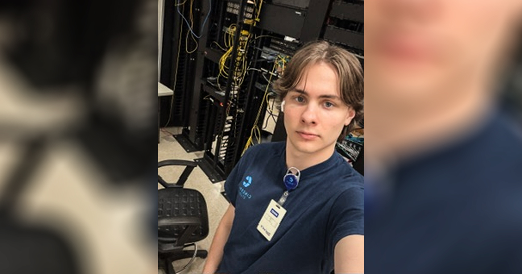 Ferris State student Riley Deloach in a room full of servers during his internship.
