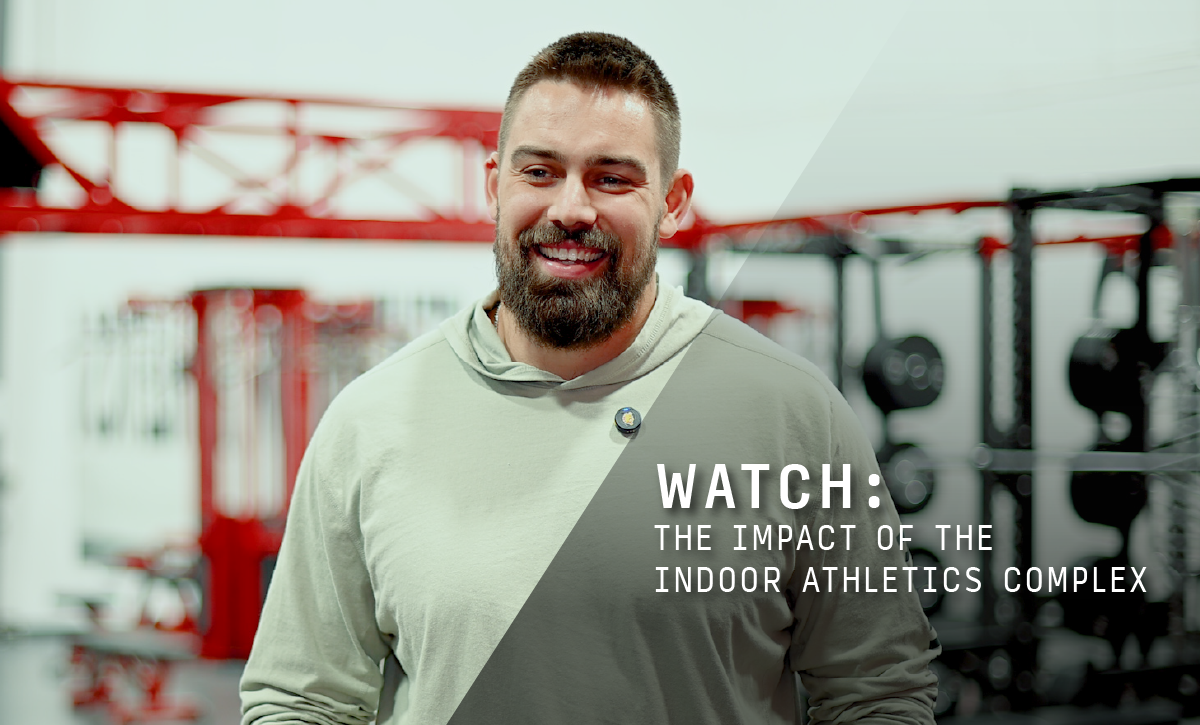 Ferris State football player standing in locker room with text overlay that reads Watch: The impact of the indoor athletics complex
