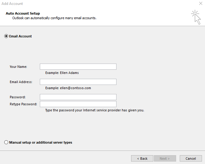 Screenshot of Outlook 2016 installation dialog box asking for email account details