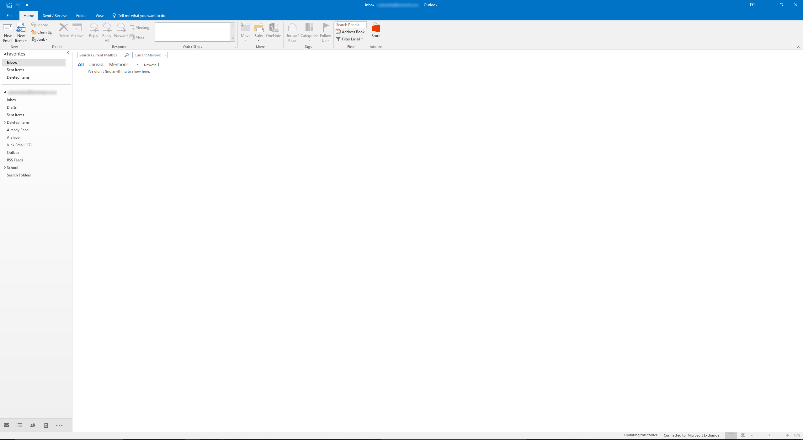 Screenshot of Outlook 2016 main window