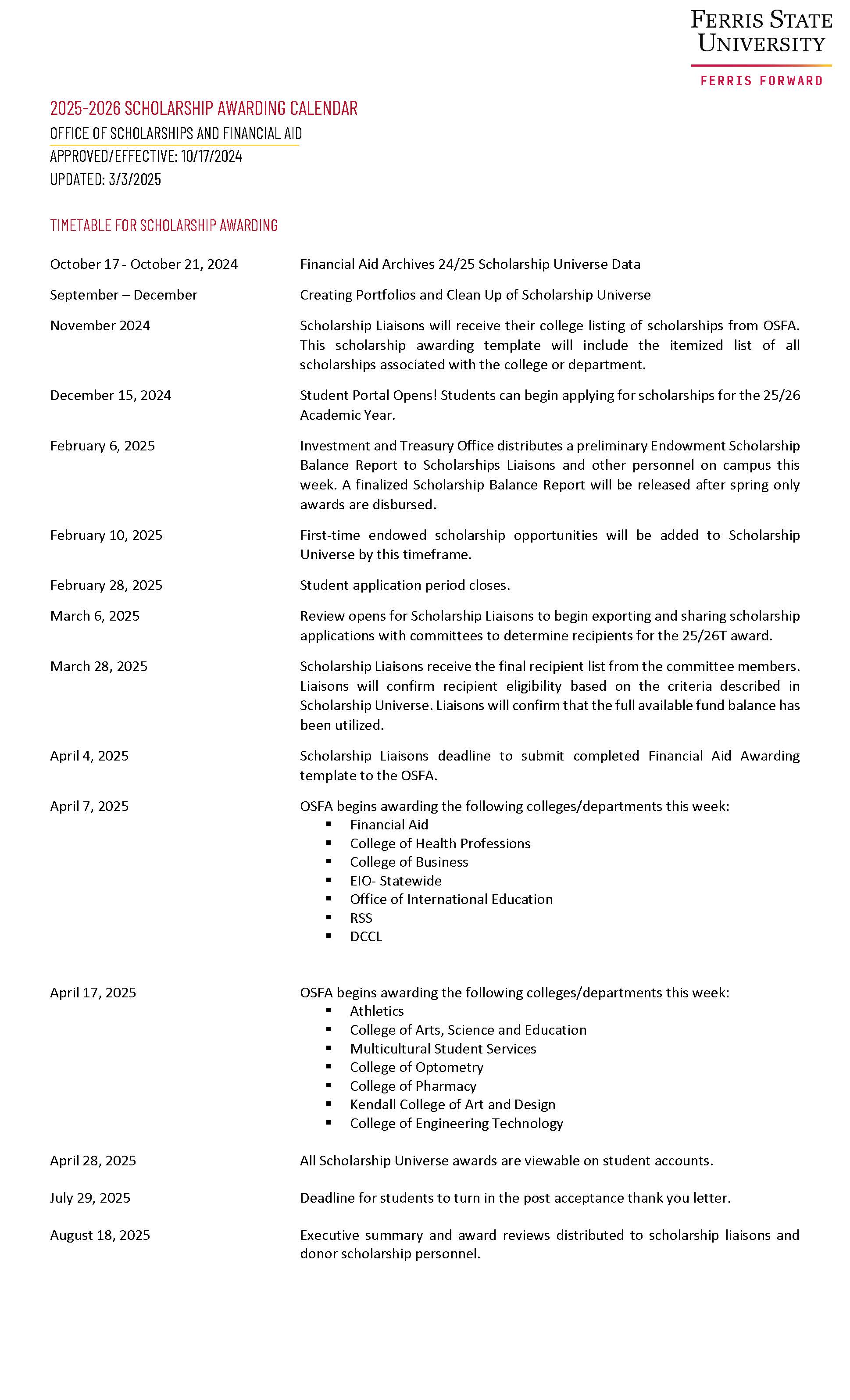 2025-2026 Scholarship Awarding Calendar