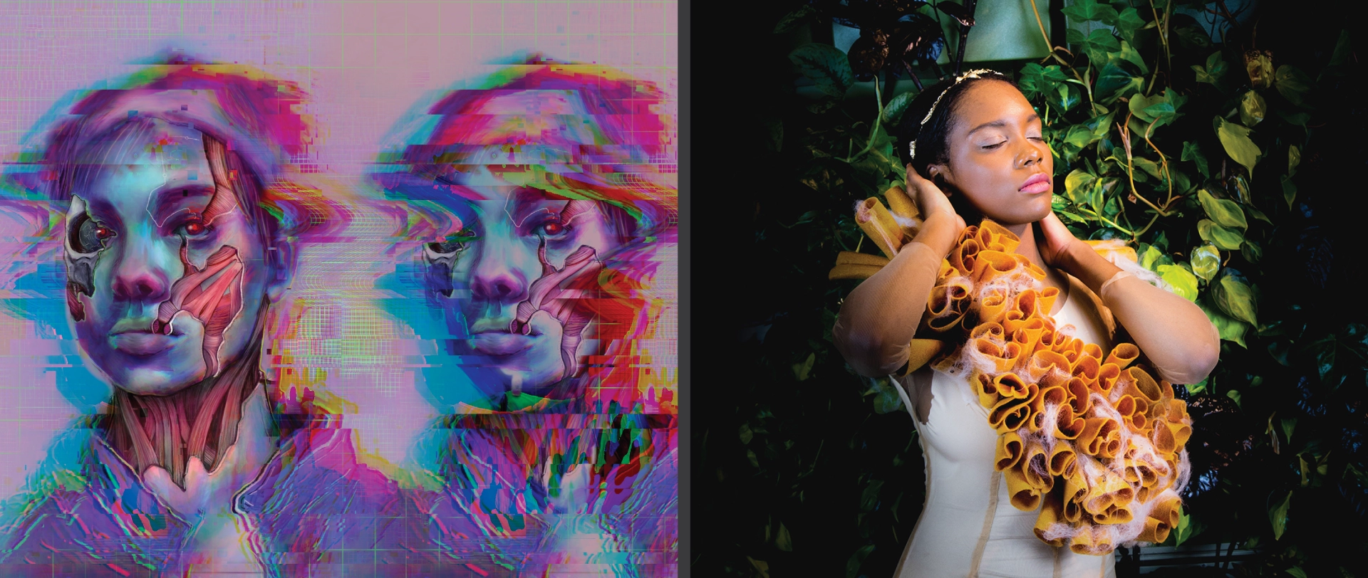 KCAD student work, on the left an illustration and on the right a student wearing a fashion piece