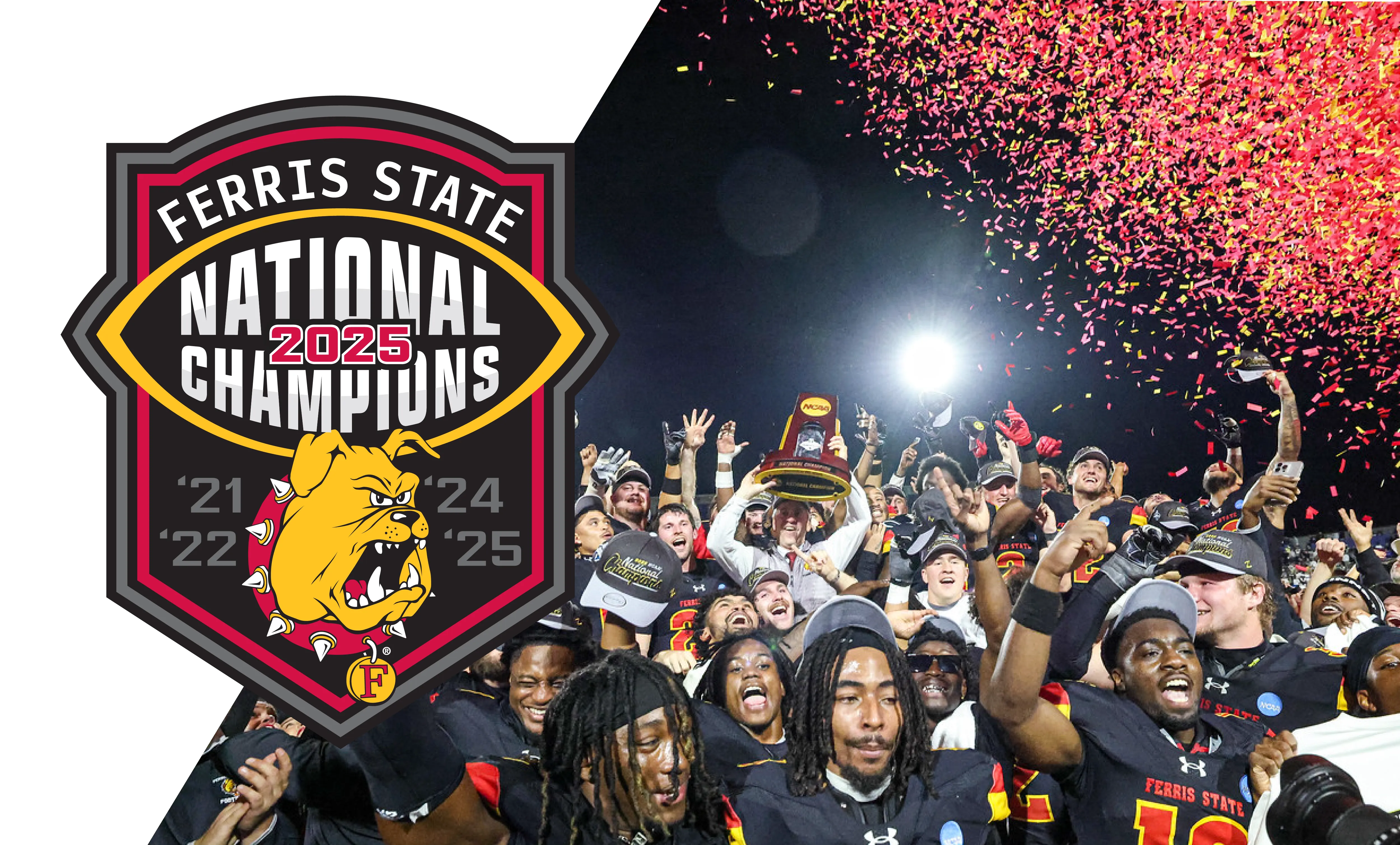 football team celebrating national championship division II win with a graphic overlay that says Ferris State National Champions