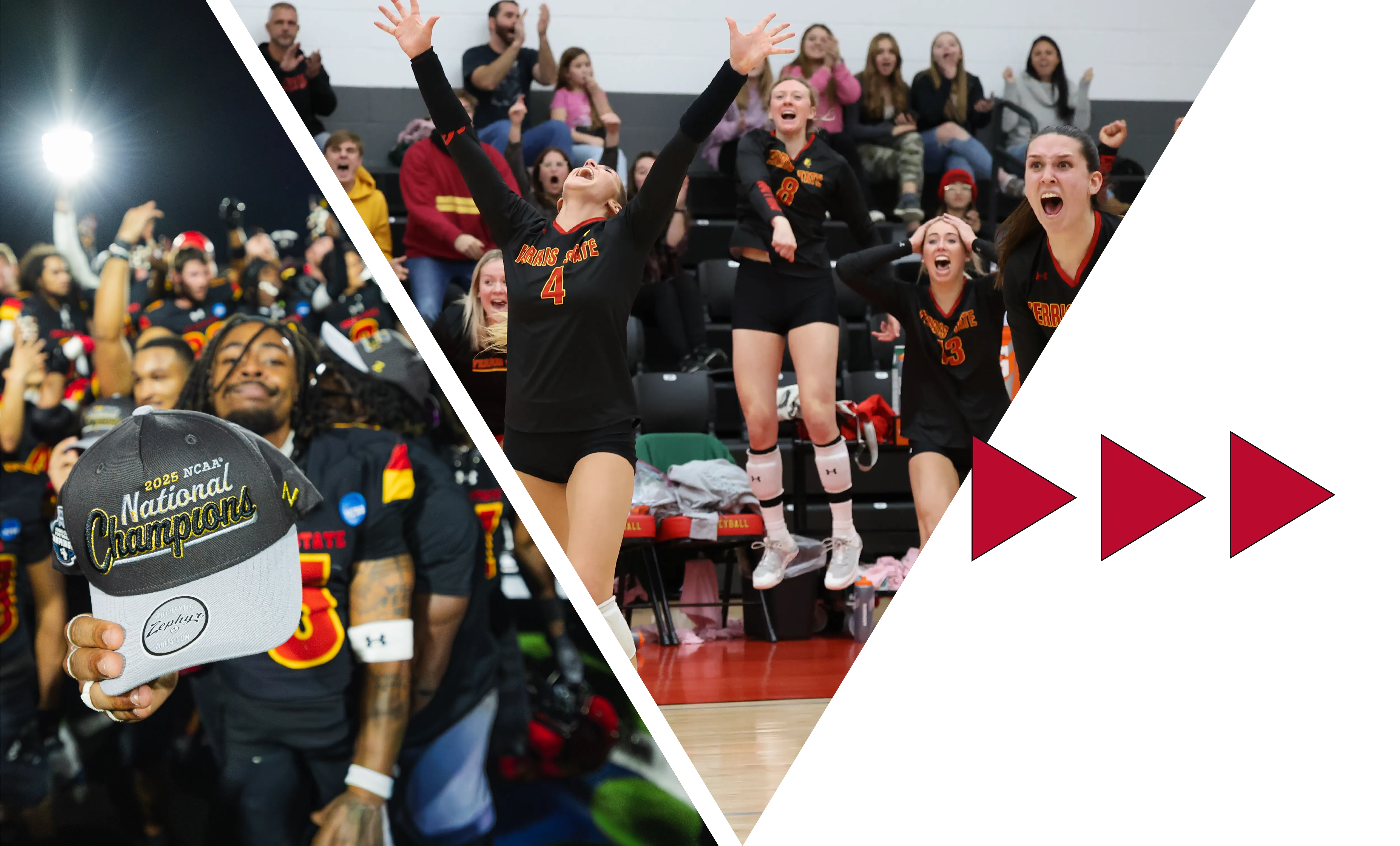split image of a volleyball team celebrating and a football player holding up a hat that says National Champions