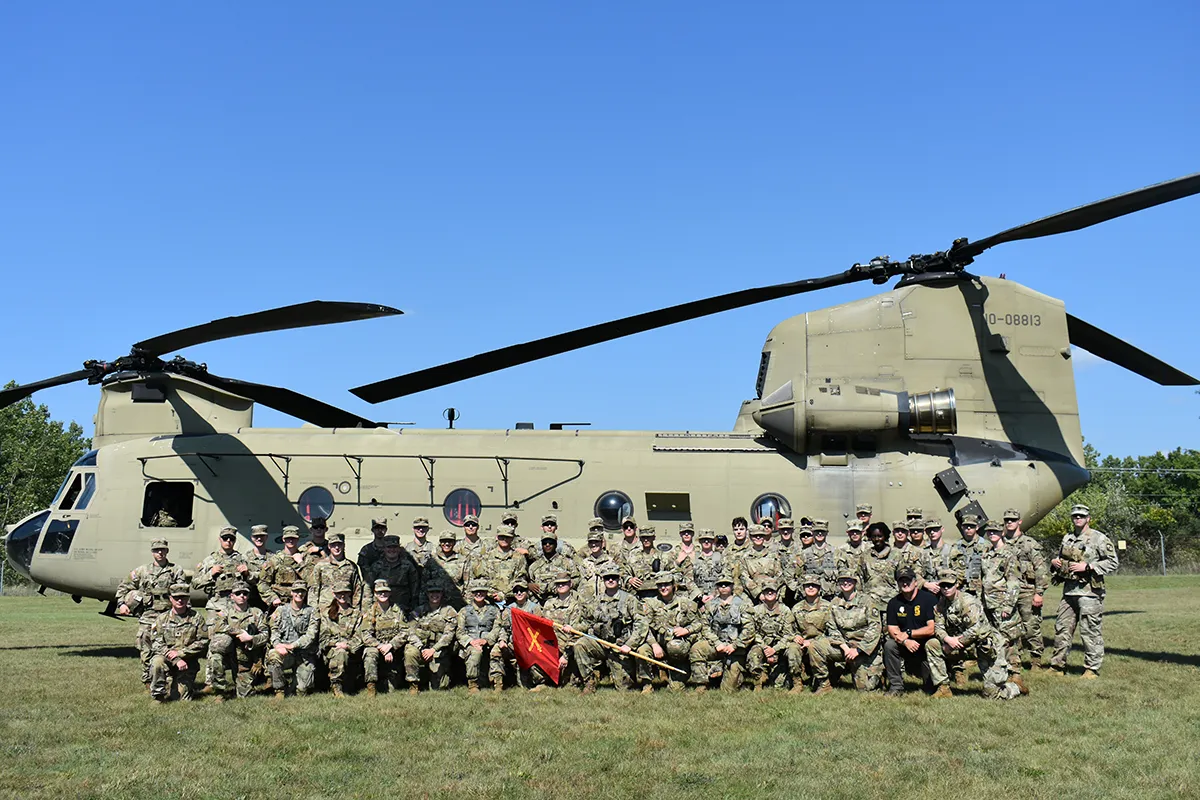 ROTC cadets with a helicopter