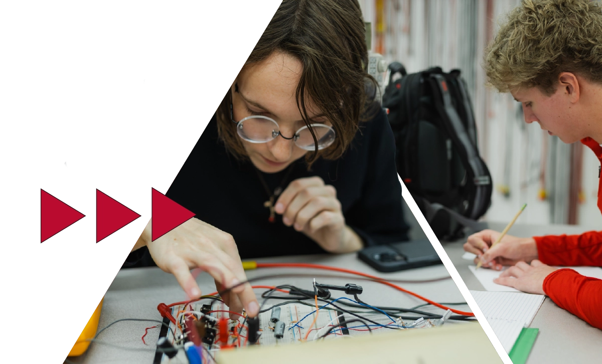 electronics and automation engineering technology students in two side-by-side triangle shaped images