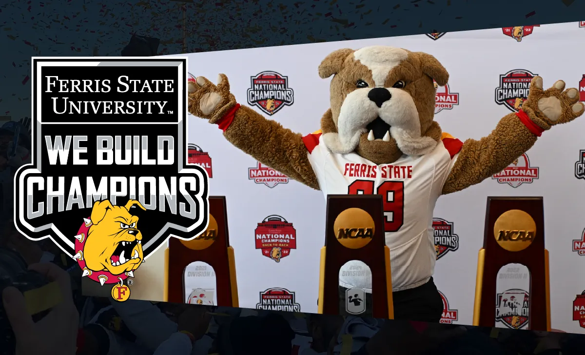 Brutus with NCAA trophies a graphic overlay that reads We Build Champions